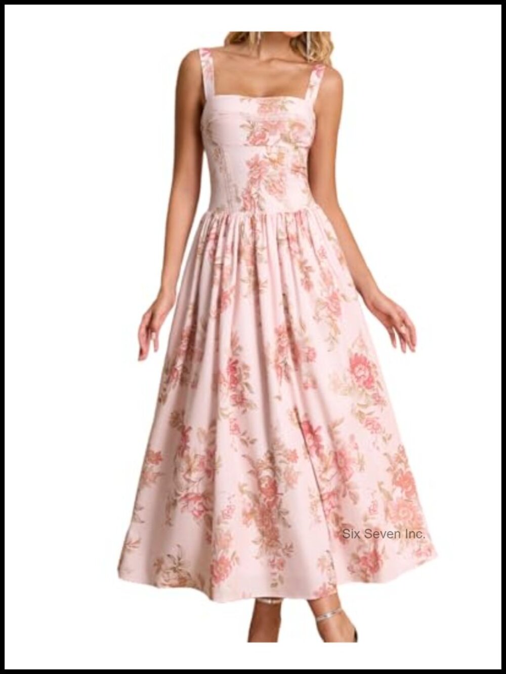 Women's Summer Flowy A Line Corset Square Neck Midi Dress with Pockets